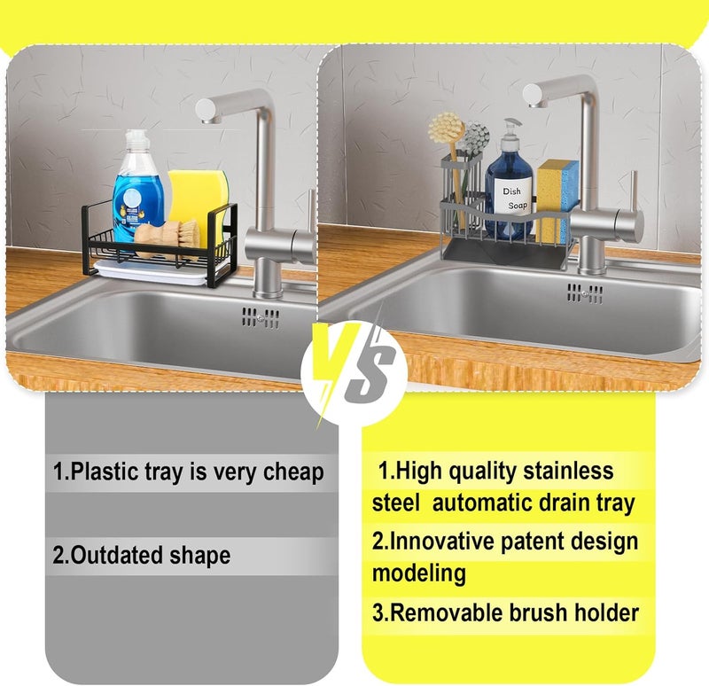 Fssvcd Maifan Sink Caddy Sponge Holder for Kitchen with Brush Holder and Stainless Steel Self Drain Tray, Rustproof Kitchen Sink Organizer for Sponge, Soap Dispenser Storage Accessories Dark Gray - Image 4